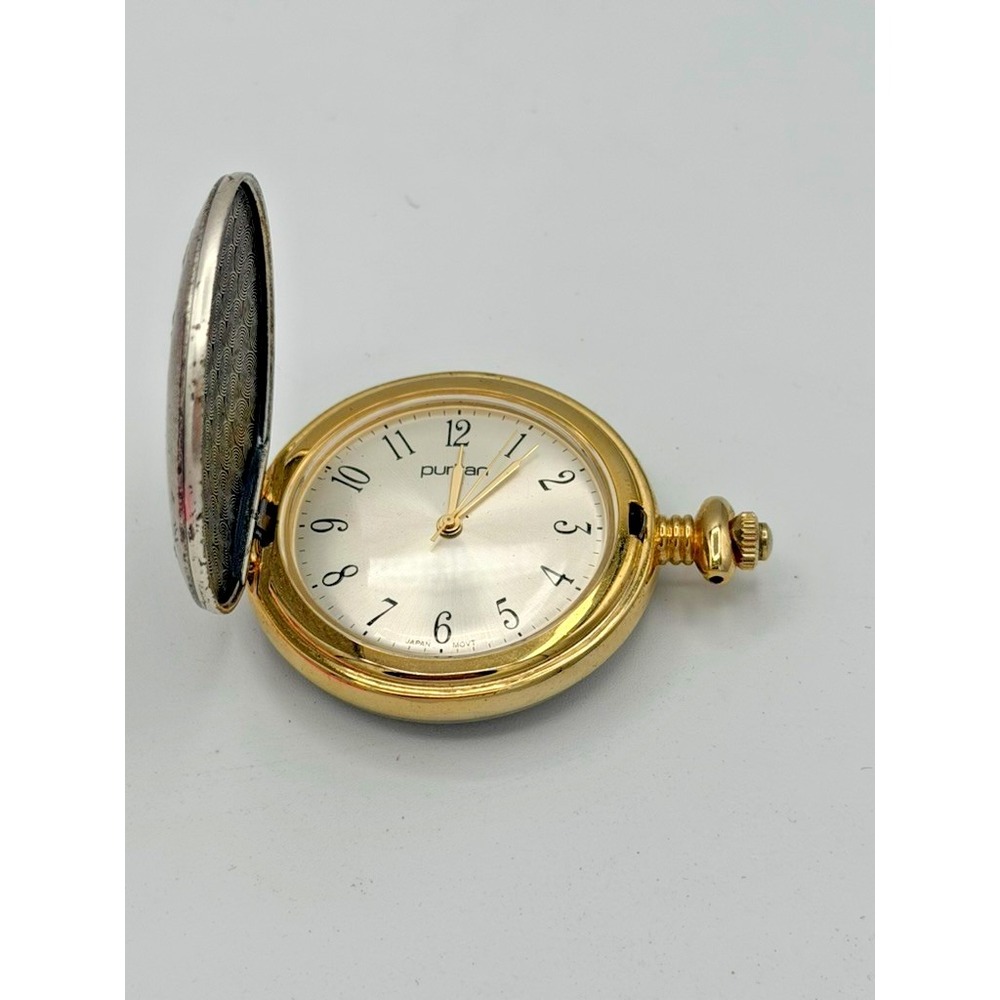 Puritan Quartz Pocket Watch Fishing Scene Hunter Case Working Japan Movement - Picture 3 of 7